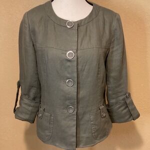 Isolde Olive Green Big Button Jacket, 100% Linen, Size 36 (US Size Small)‎
